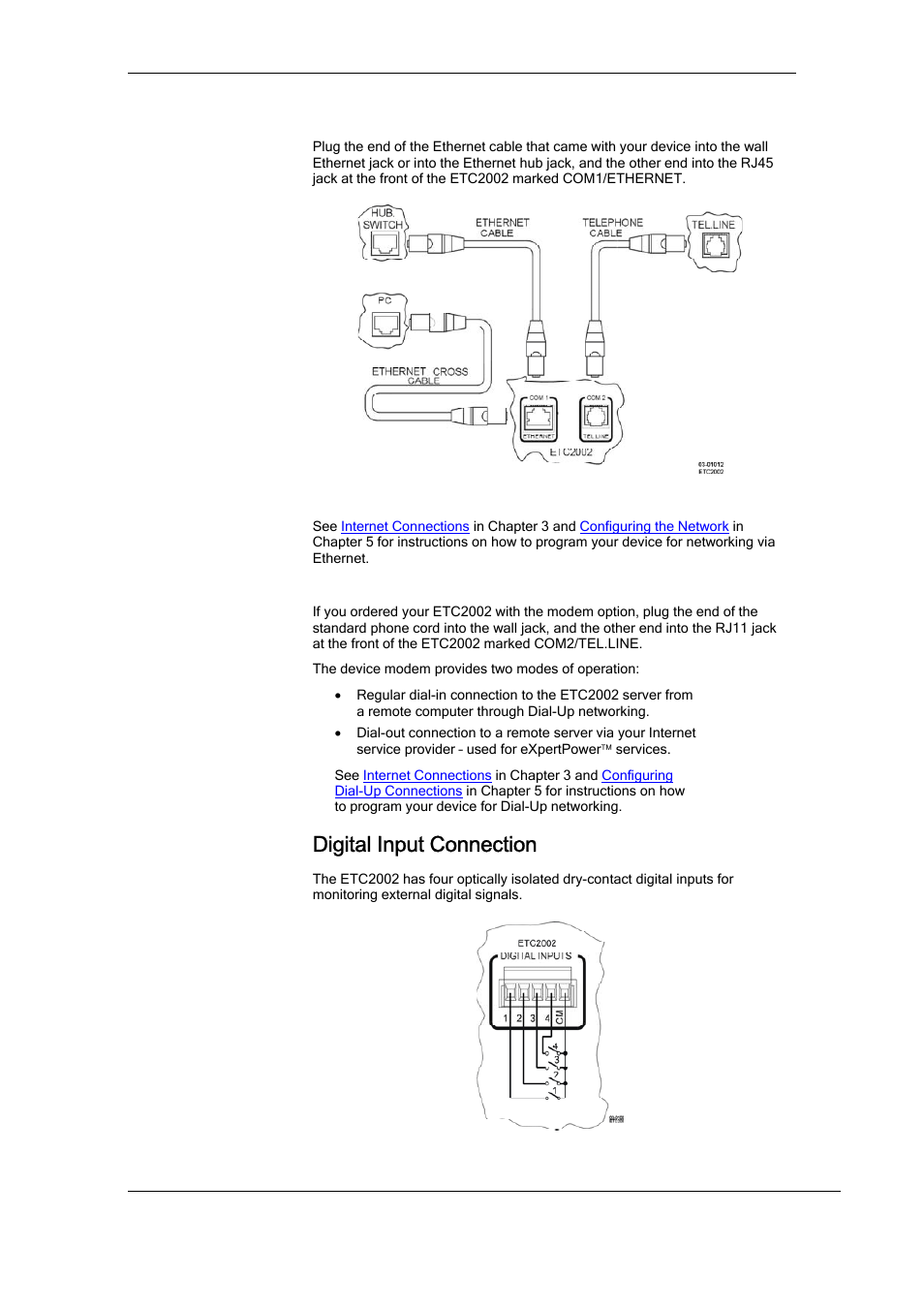 Ethernet connection, Dial-up connection, Digital input connection | SATEC ETC2002 User Manual | Page 11 / 57