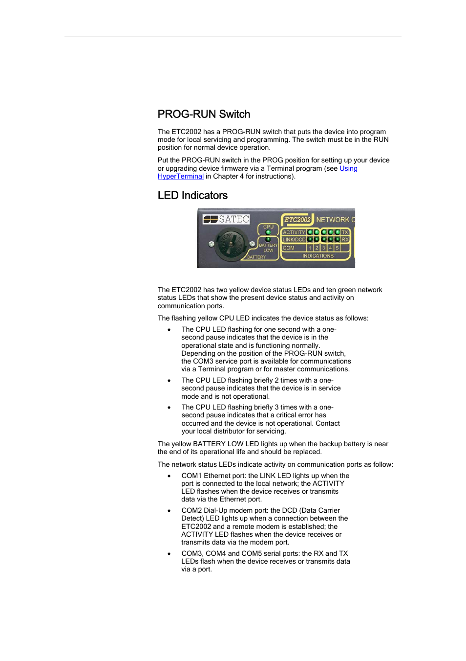 Operating the etc2002, Controls and indicators, Prog-run switch | Led indicators, Chapter 3 operating the etc2002 | SATEC ETC2002 User Manual | Page 12 / 57