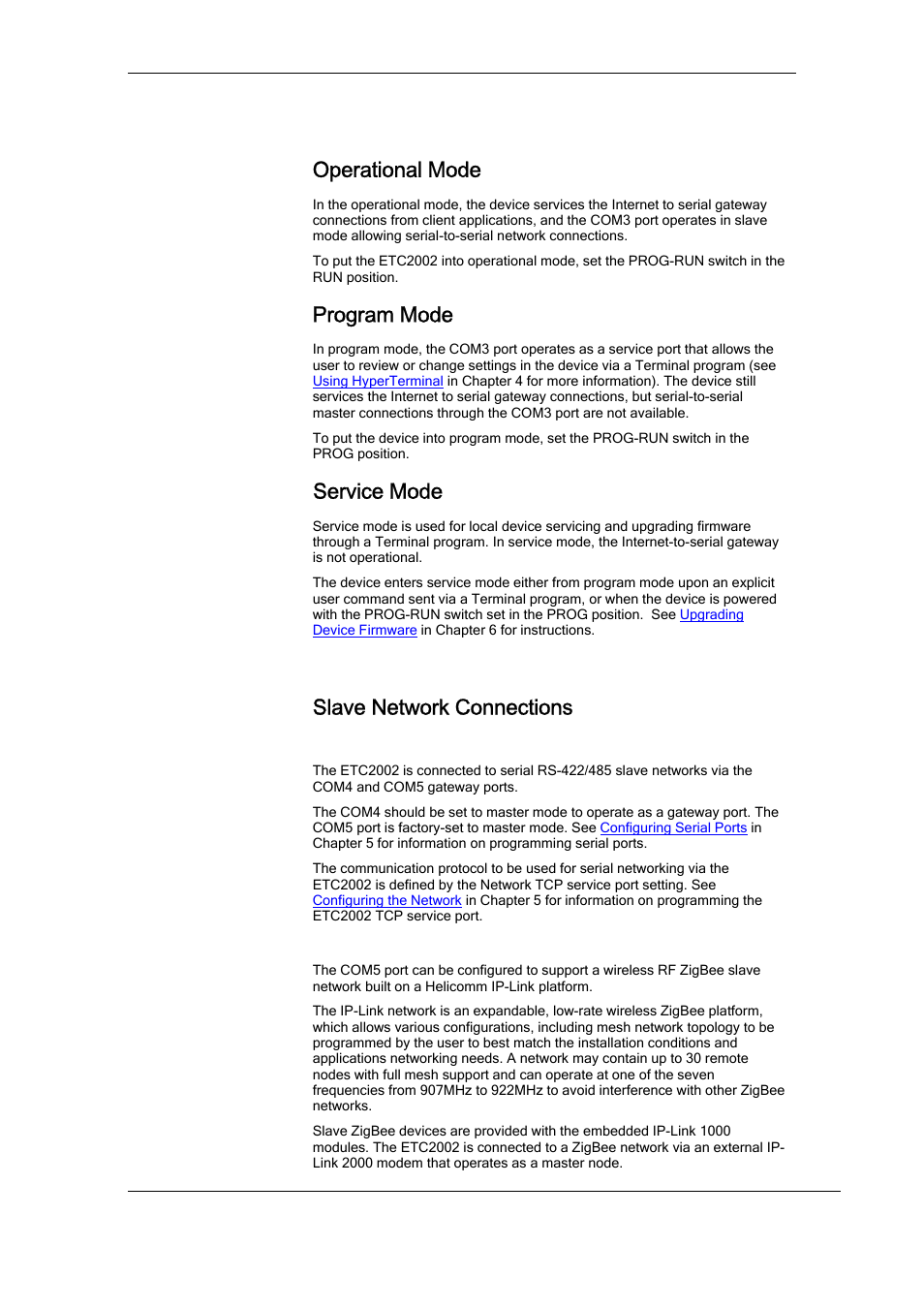 Modes of operation, Operational mode, Program mode | Service mode, Using the etc2002, Slave network connections, Serial network connections, Wireless rf network connections, He connected serial devices. see, Serial | SATEC ETC2002 User Manual | Page 13 / 57