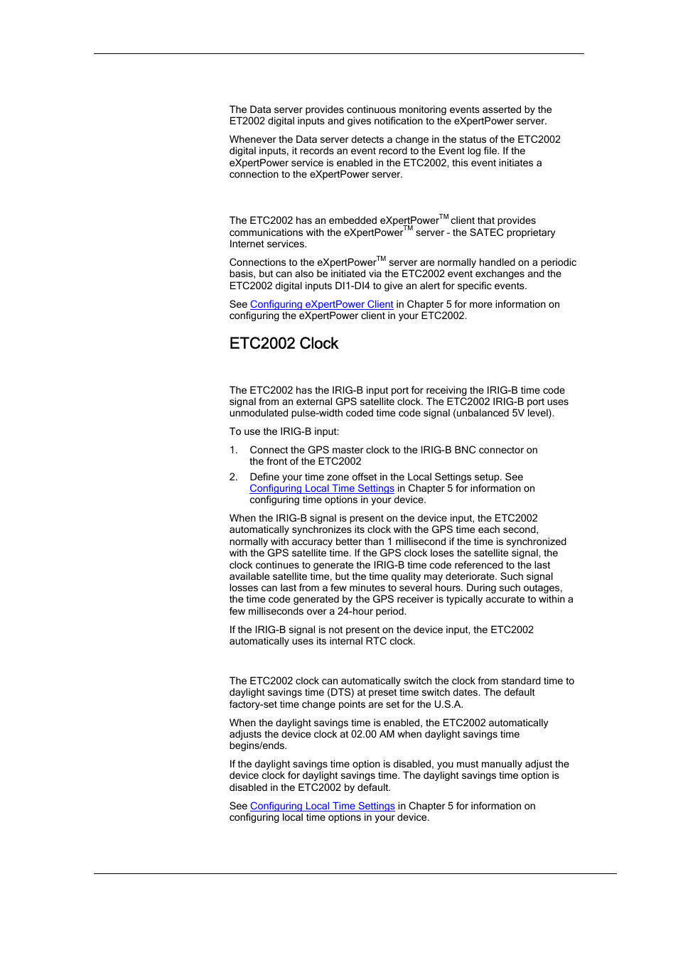 Expertpowertm client, Etc2002 clock, Gps clock synchronization | Daylight savings time | SATEC ETC2002 User Manual | Page 19 / 57