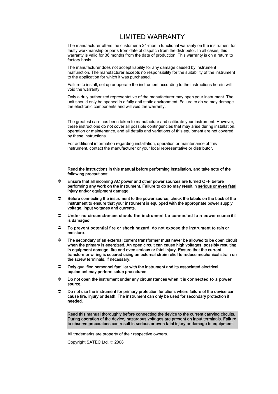 Limited warranty, Warning | SATEC ETC2002 User Manual | Page 2 / 57