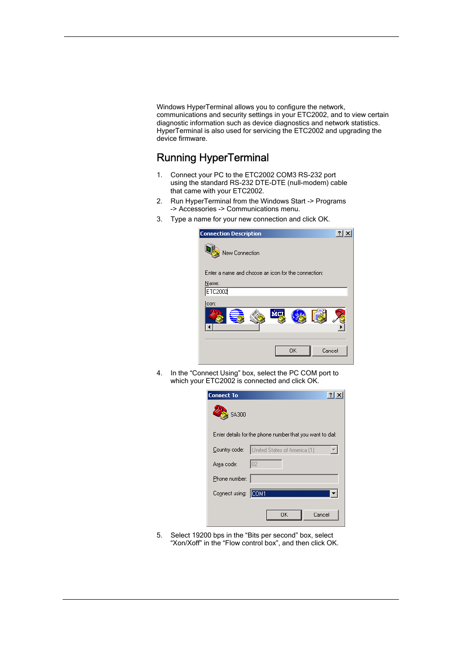 Connecting to the etc2002, Using hyperterminal, Running hyperterminal | Chapter 4 connecting to the etc2002 | SATEC ETC2002 User Manual | Page 20 / 57