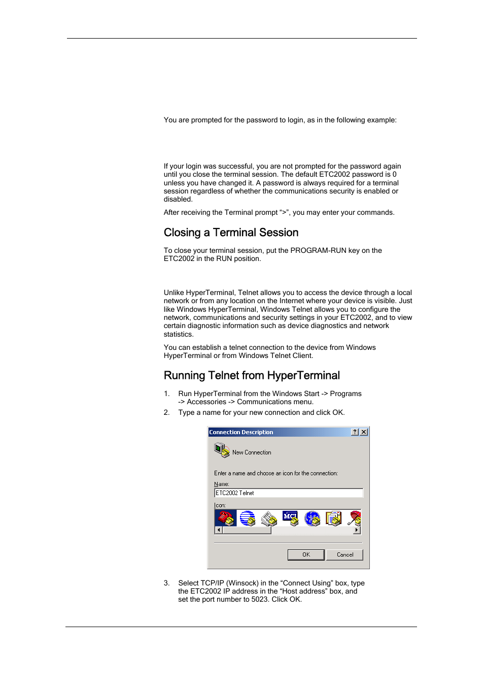 Closing a terminal session, Using telnet, Running telnet from hyperterminal | SATEC ETC2002 User Manual | Page 22 / 57