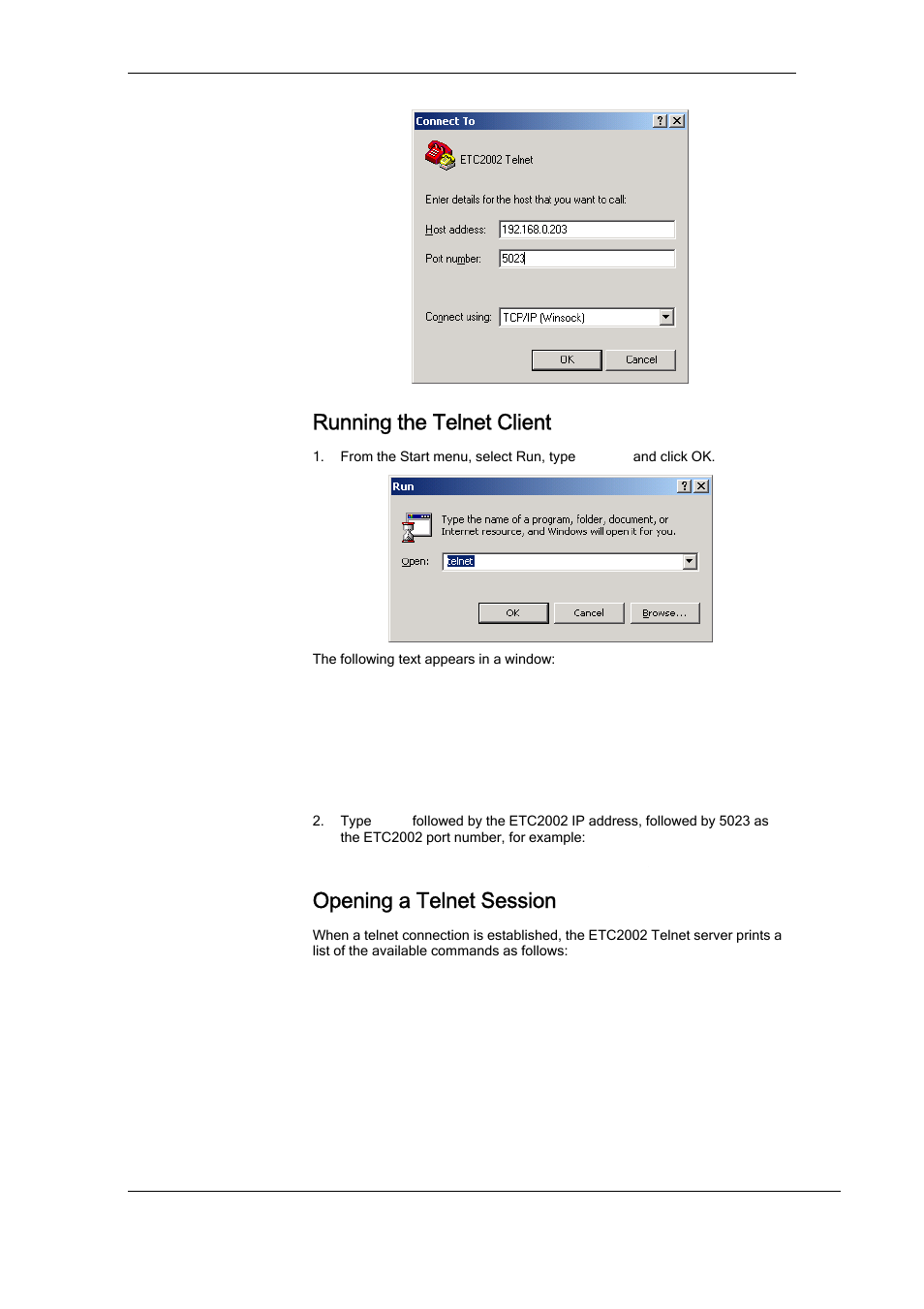 Running the telnet client, Opening a telnet session | SATEC ETC2002 User Manual | Page 23 / 57