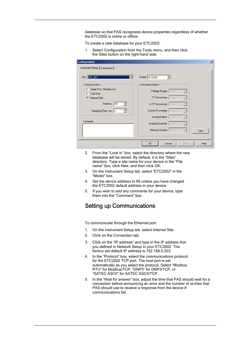 Setting up communications, Communicating through the ethernet | SATEC ETC2002 User Manual | Page 28 / 57