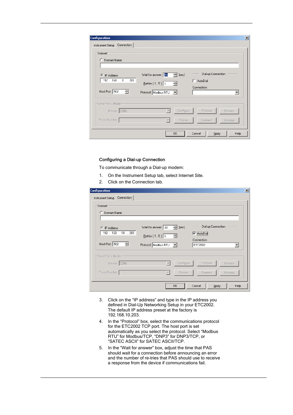 Communicating through a dial-up connection | SATEC ETC2002 User Manual | Page 29 / 57