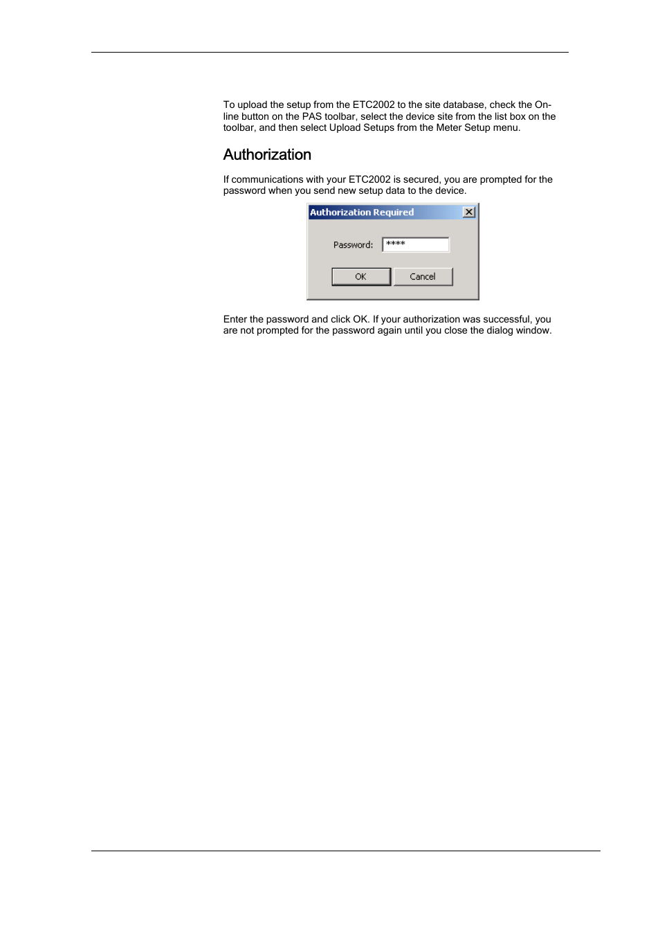 Uploading setup from the etc2002, Authorization | SATEC ETC2002 User Manual | Page 31 / 57