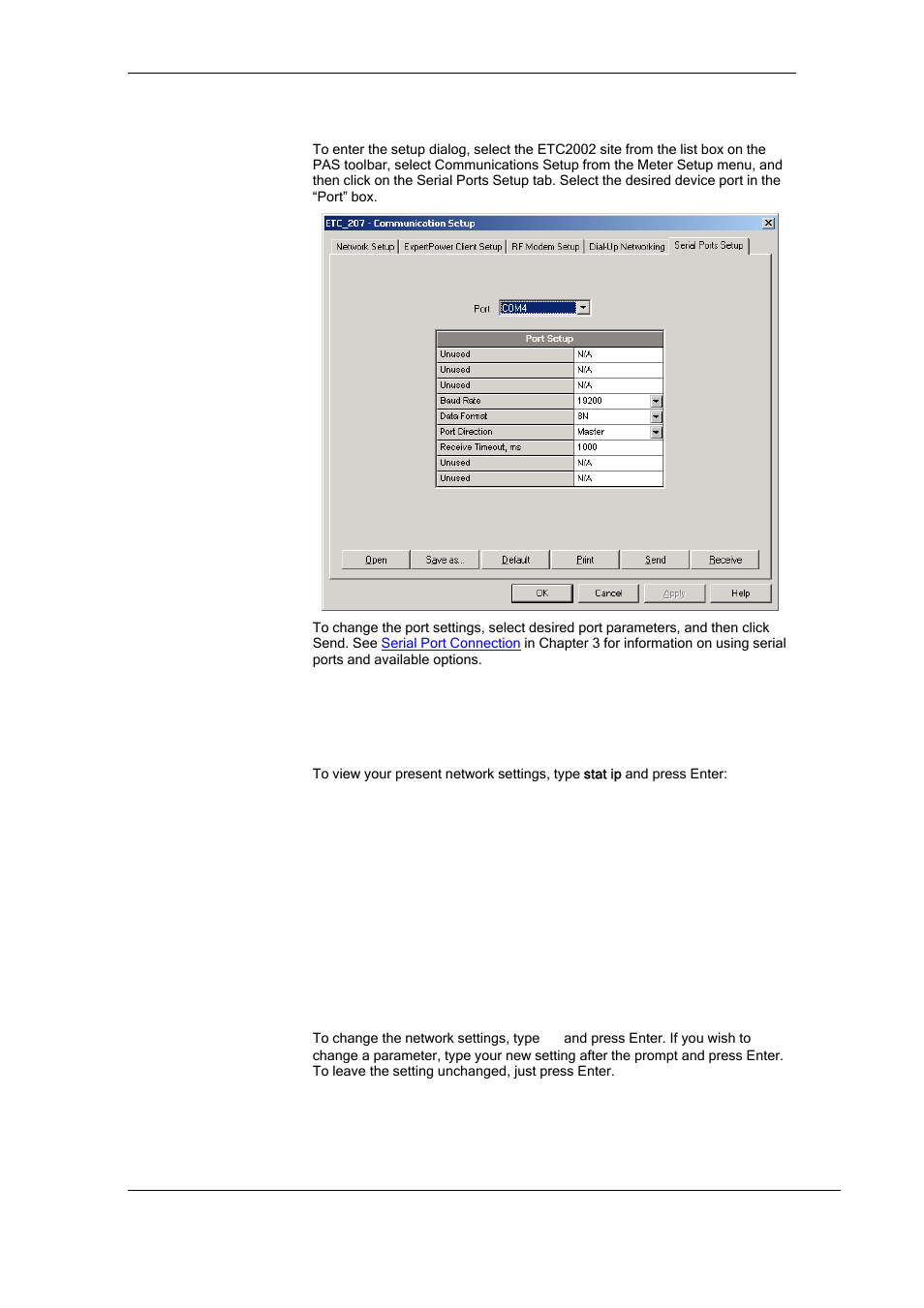 Configuring the network, Program your device for networking via, In chapter 5) launches an | In chapter 5 for information on programming, Client connections to the modem network. see, Configuring the, Network, In chapter 5 for information on programming the | SATEC ETC2002 User Manual | Page 35 / 57
