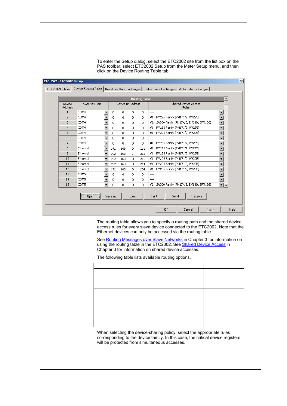 Configuring device routing table, Configuring device, Routing table | In chapter 5 for more information, In chapter 5 for information on programming the, Others are always available for all clients. see, Configuring, Device routing table, In chapter 5 for information on | SATEC ETC2002 User Manual | Page 43 / 57