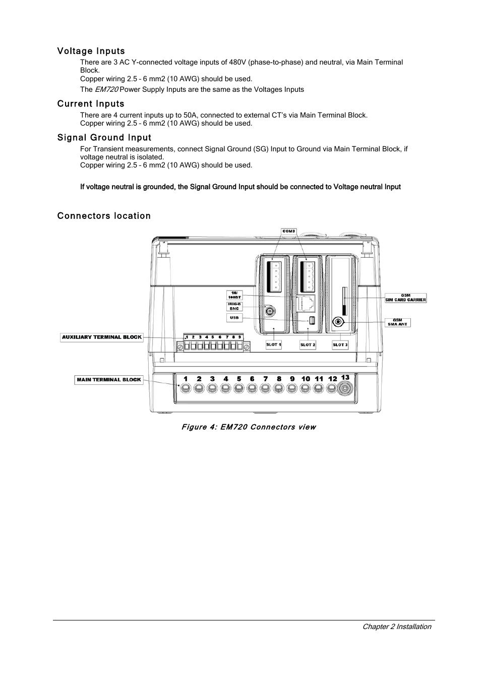 Voltage inputs, Current inputs, Signal ground input | Connectors location, Figure 4: em720 connectors view | SATEC EM720 Installation Manual User Manual | Page 10 / 32