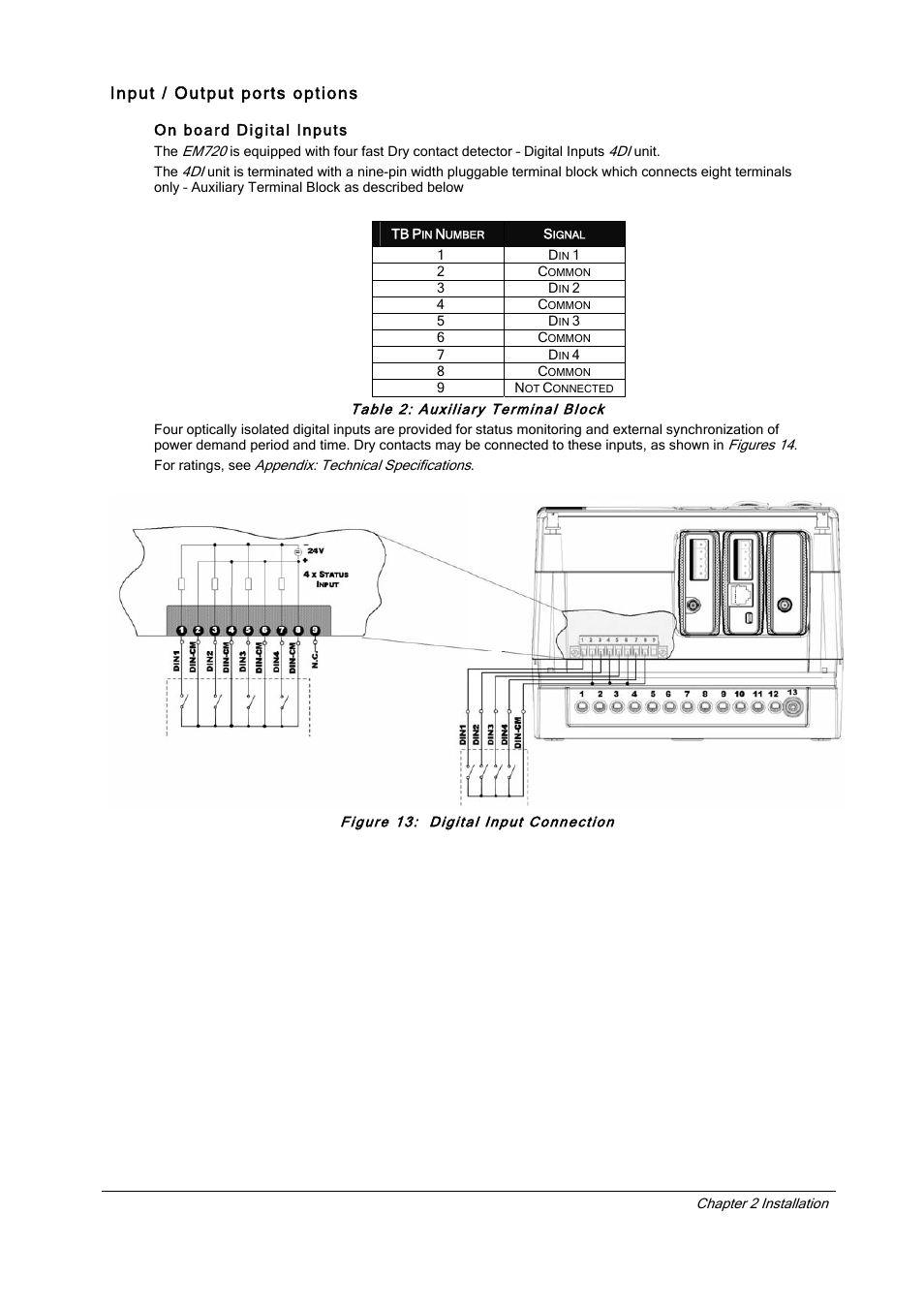 Input / output ports options, On board digital inputs, Figure 13: digital input connection | Table 2: auxiliary terminal block | SATEC EM720 Installation Manual User Manual | Page 16 / 32