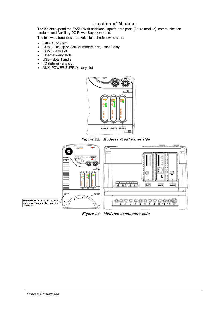 Location of modules, Figure 22: modules front panel side, Figure 23: modules connectors side | SATEC EM720 Installation Manual User Manual | Page 23 / 32