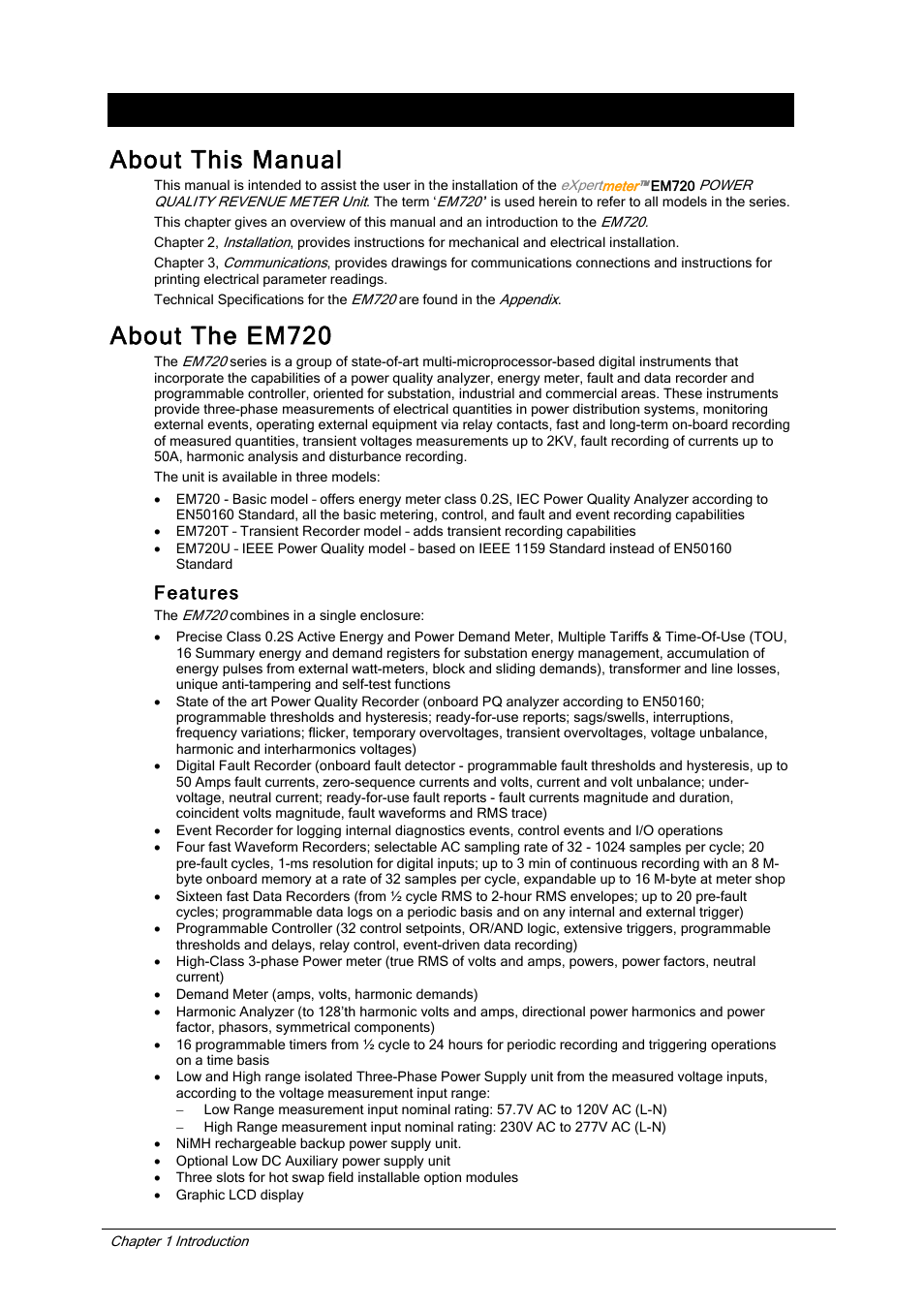 About this manual, About the em720, Chapter 1 introduction | Features | SATEC EM720 Installation Manual User Manual | Page 5 / 32
