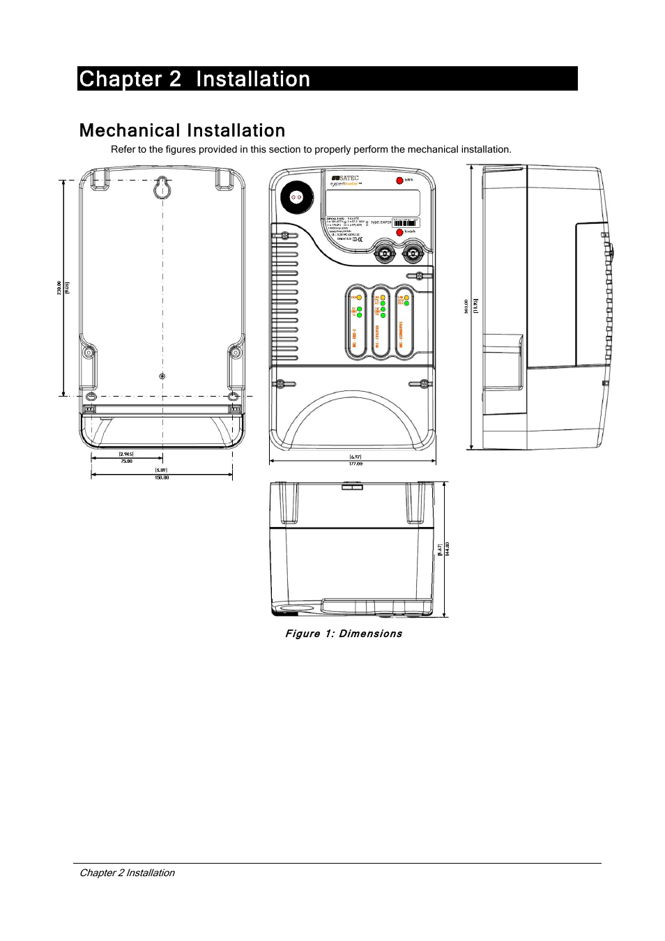 Installation, Mechanical installation, Chapter 2 installation | Figure 1: dimensions | SATEC EM720 Installation Manual User Manual | Page 7 / 32