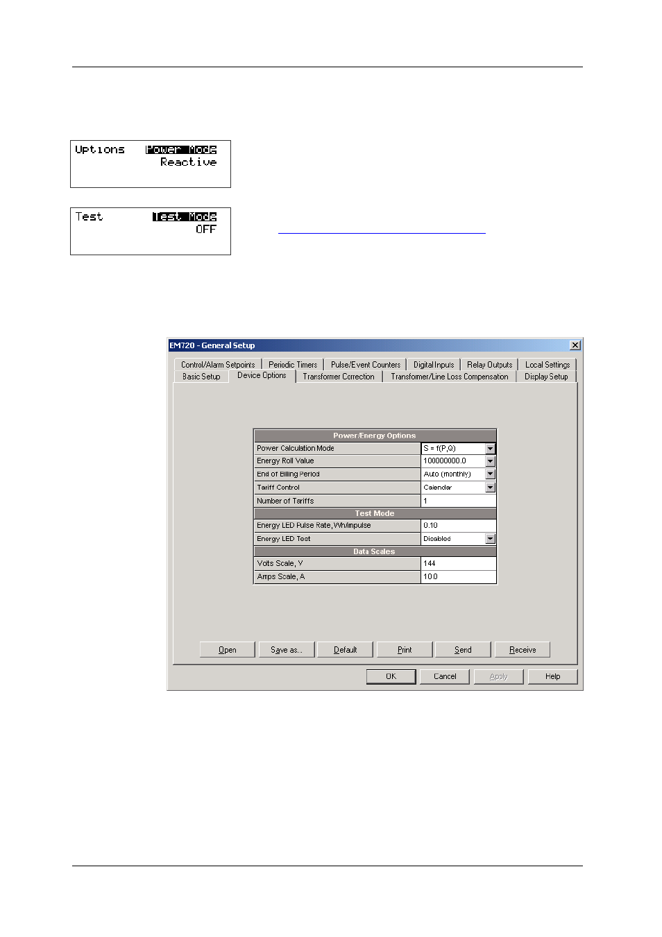 Device options and mode control, In chapter 5 on how to, In chapter | In chapter 5), Device options and mode, Control, On how to enable and disable compensation in, In chapter 5 on how to enter the meter test mode | SATEC EM720 Operation Manual User Manual | Page 70 / 218