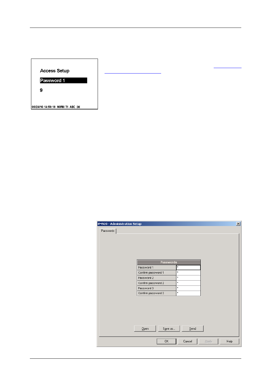 Configuring meter passwords, 5 on how to change passwords in, Your meter | Configuring meter, Passwords, R the em920. see dial-up networking f | SATEC EM920 Operation Manual User Manual | Page 134 / 225