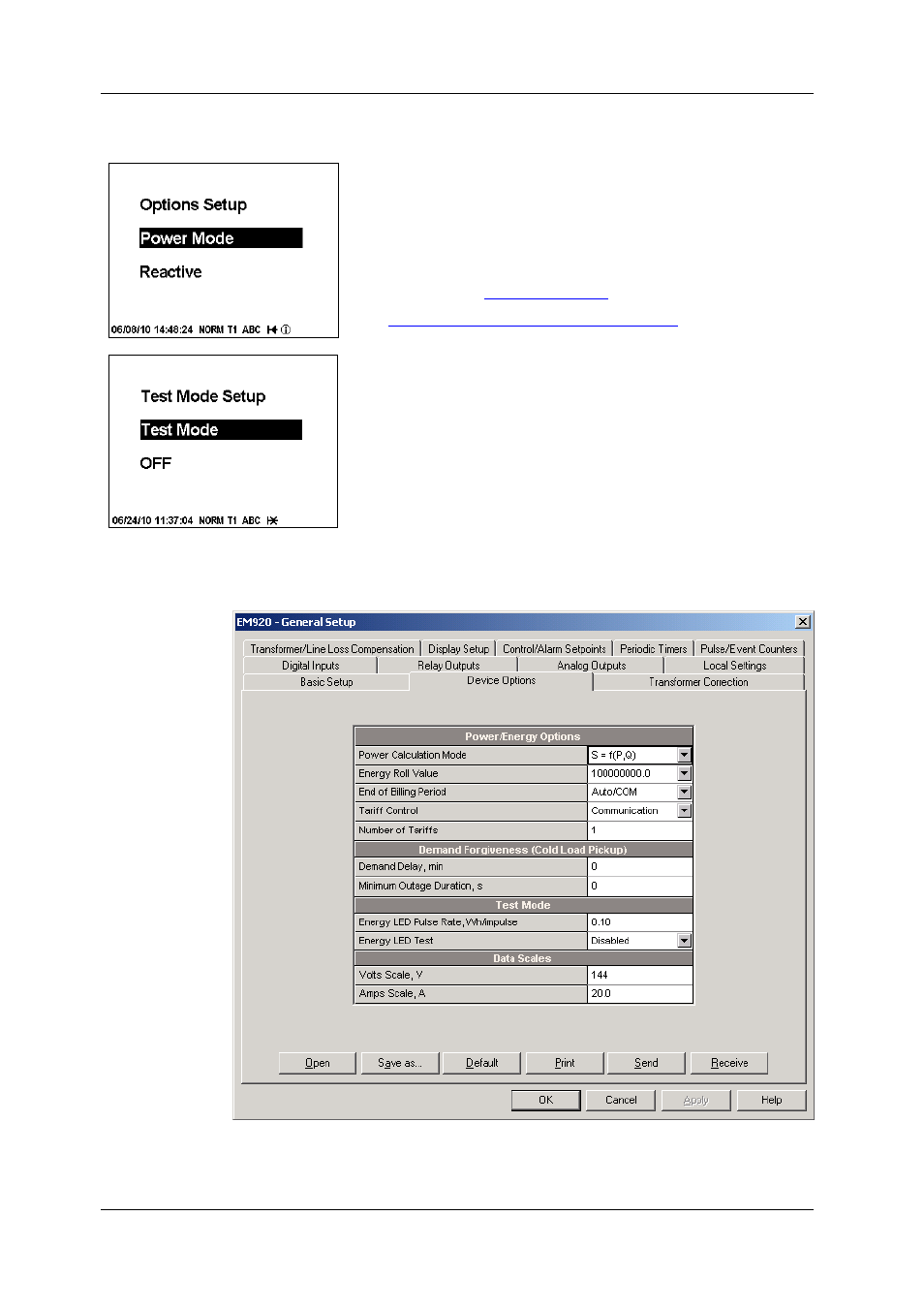 Device options and mode control, In chapter 5 on how to, Device options and | Mode control, In chapter, In chapter 5), Device options and mode, Control, On how to enable and disable compensation in | SATEC EM920 Operation Manual User Manual | Page 74 / 225