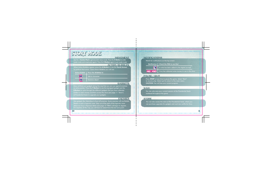Hidgnbd9, Notifications, Pause / quit | Save, Store, Movement, Action bubbles, Gadgets, Enemies | Disney Interactive Studios Cory In The House for Nintendo DS User Manual | Page 7 / 9