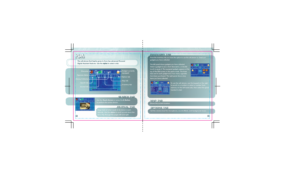 Inventory tab map tab options tab, Search tab, Journal tab | Disney Interactive Studios Cory In The House for Nintendo DS User Manual | Page 8 / 9