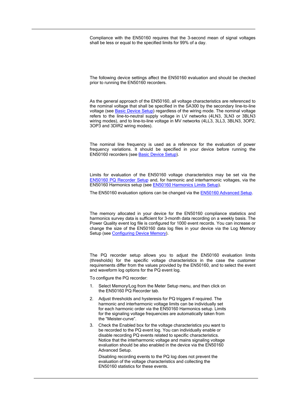 Configuring the en50160 recorders, Basic device settings, Reference voltage | Reference frequency, En50160 evaluation limits and options, En50160 logging options, En50160 pq recorder setup | SATEC SA300 ezPAC Operation Manual User Manual | Page 103 / 182
