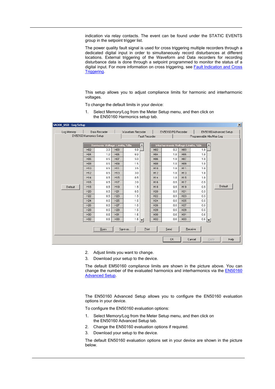 En50160 harmonics limits setup, En50160 advanced setup | SATEC SA300 ezPAC Operation Manual User Manual | Page 105 / 182