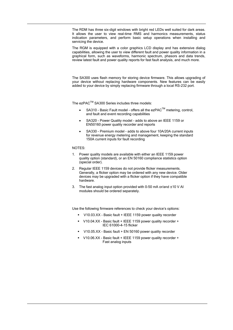 Upgradeable firmware, Device models, Firmware versions | SATEC SA300 ezPAC Operation Manual User Manual | Page 11 / 182