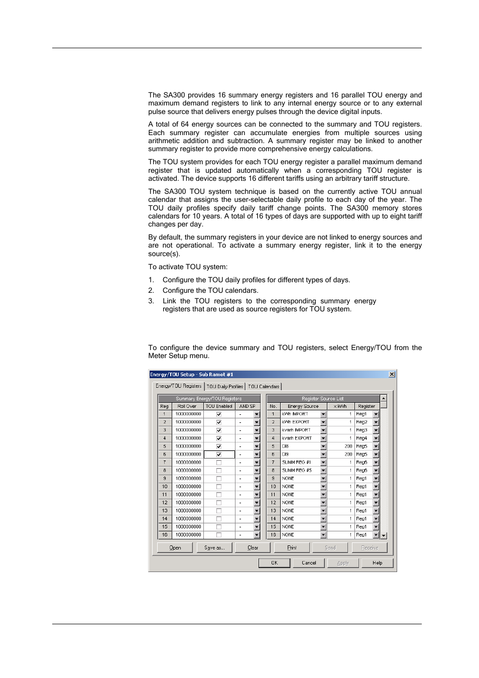 Chapter 9 totalization energy and tou registers, Configuring summary and tou registers, R more information on cross triggering, see | Fault indication and, Cross triggering, Fault indication and cross, Triggering | SATEC SA300 ezPAC Operation Manual User Manual | Page 110 / 182