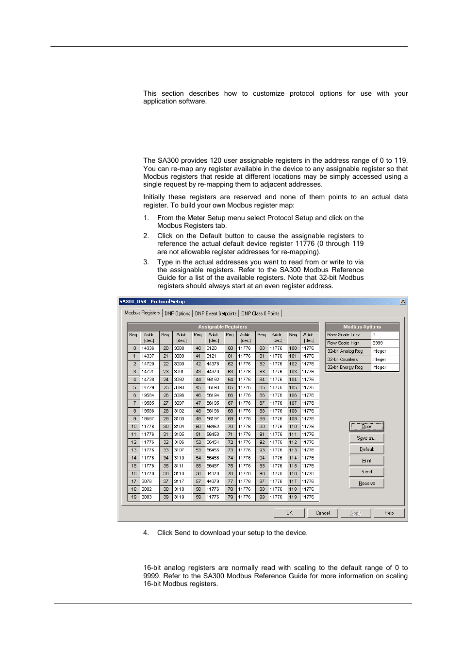 Chapter 10 configuring communication protocols, Configuring modbus, Modbus point mapping | Changing raw scales for 16-bit registers, Configuring tou calendars | SATEC SA300 ezPAC Operation Manual User Manual | Page 113 / 182