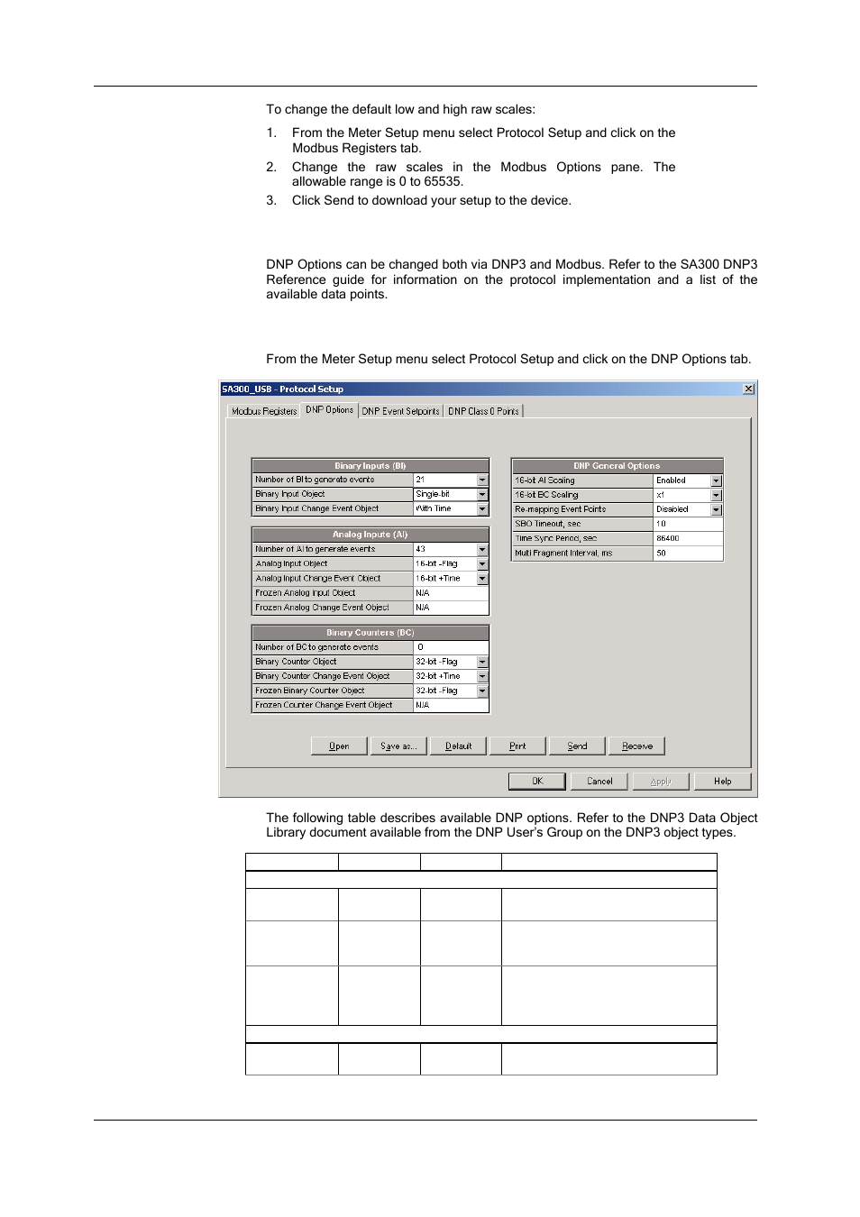 Configuring dnp3, Dnp options, Chapter 10 configuring communication protocols | Configuring modbus, Modbus point mapping, Changing raw scales for 16-bit registers | SATEC SA300 ezPAC Operation Manual User Manual | Page 114 / 182