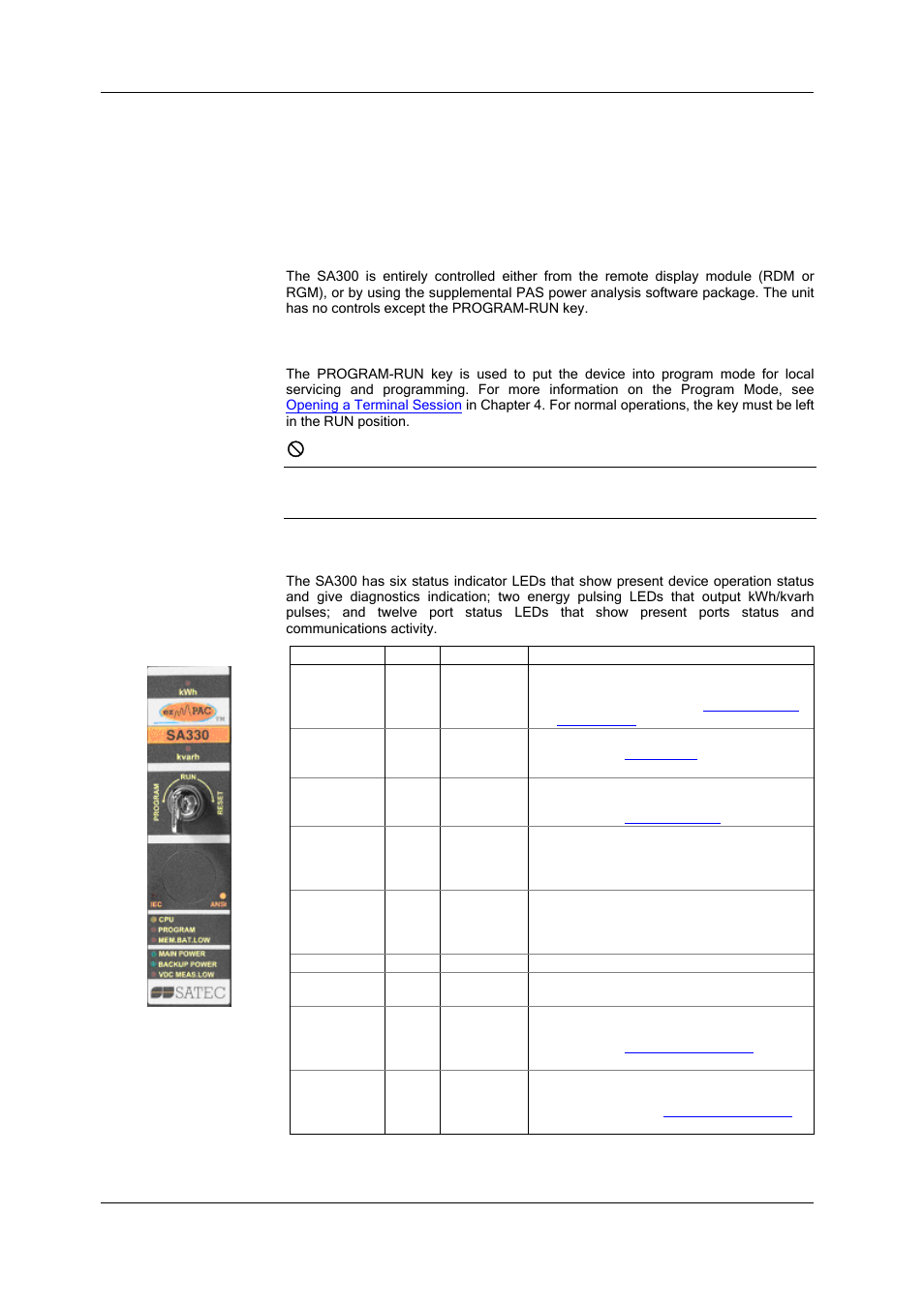 Chapter 2 device description, Controls and indicators, Device controls | Program-run key, Indicator leds | SATEC SA300 ezPAC Operation Manual User Manual | Page 12 / 182