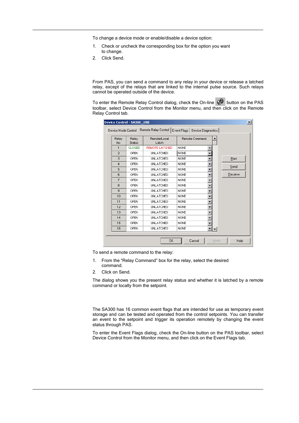 Remote relay control, Device event flags, Chapter 11 device control | Authorization, Device mode control | SATEC SA300 ezPAC Operation Manual User Manual | Page 120 / 182