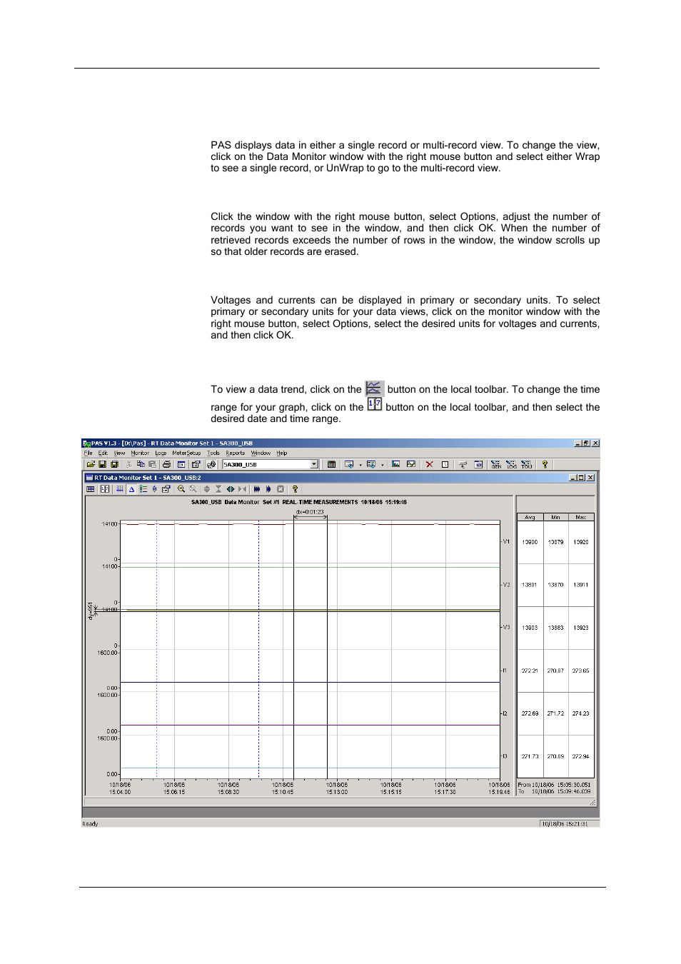 Viewing a data table, Changing the data view, Selecting primary and secondary units | Viewing data trend | SATEC SA300 ezPAC Operation Manual User Manual | Page 125 / 182