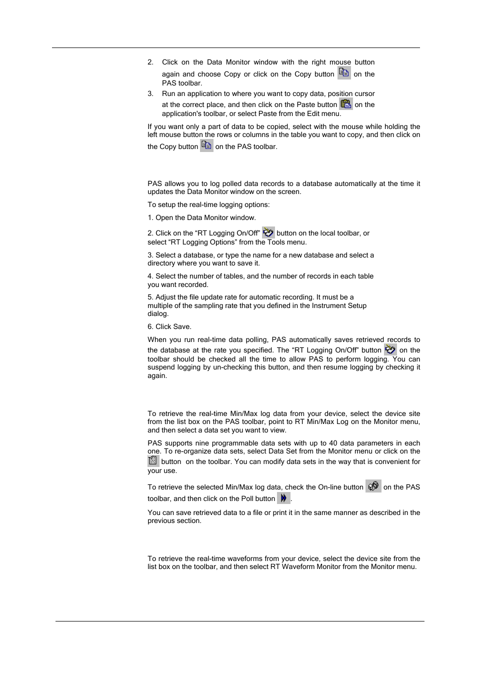 Real-time data logging, Viewing real-time min/max log, Viewing real-time waveforms | Saving data to a file, Printing data, Copying data | SATEC SA300 ezPAC Operation Manual User Manual | Page 127 / 182