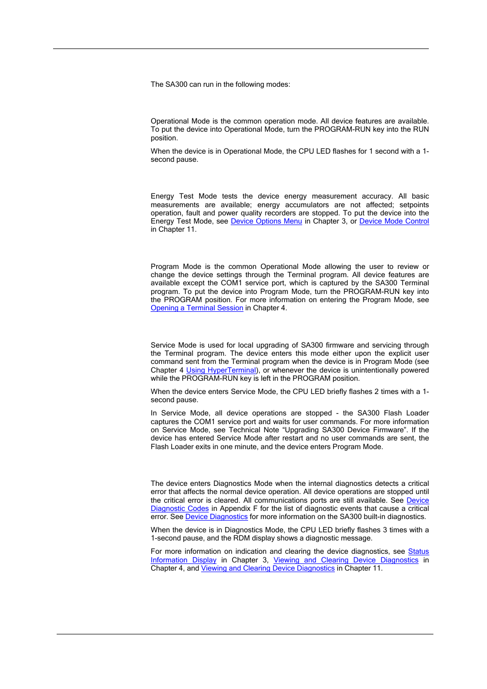 Modes of operation, Operational mode, Energy test mode | Program mode, Service mode, Diagnostics mode, Unications. see | SATEC SA300 ezPAC Operation Manual User Manual | Page 13 / 182