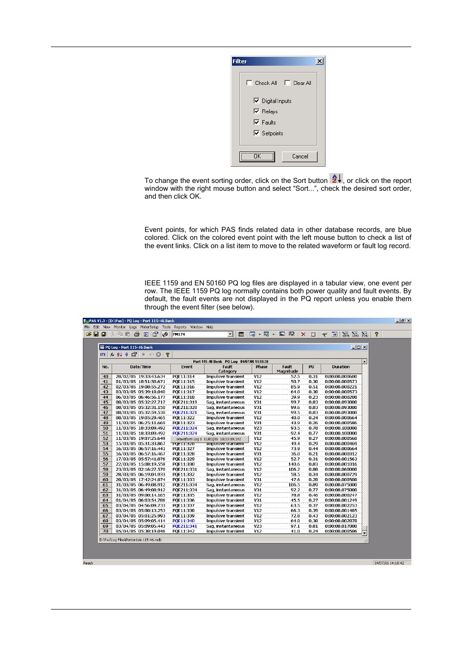 Linking to waveforms, fault log and data records, Viewing the power quality event log, Viewing the sequence-of-events log | SATEC SA300 ezPAC Operation Manual User Manual | Page 136 / 182