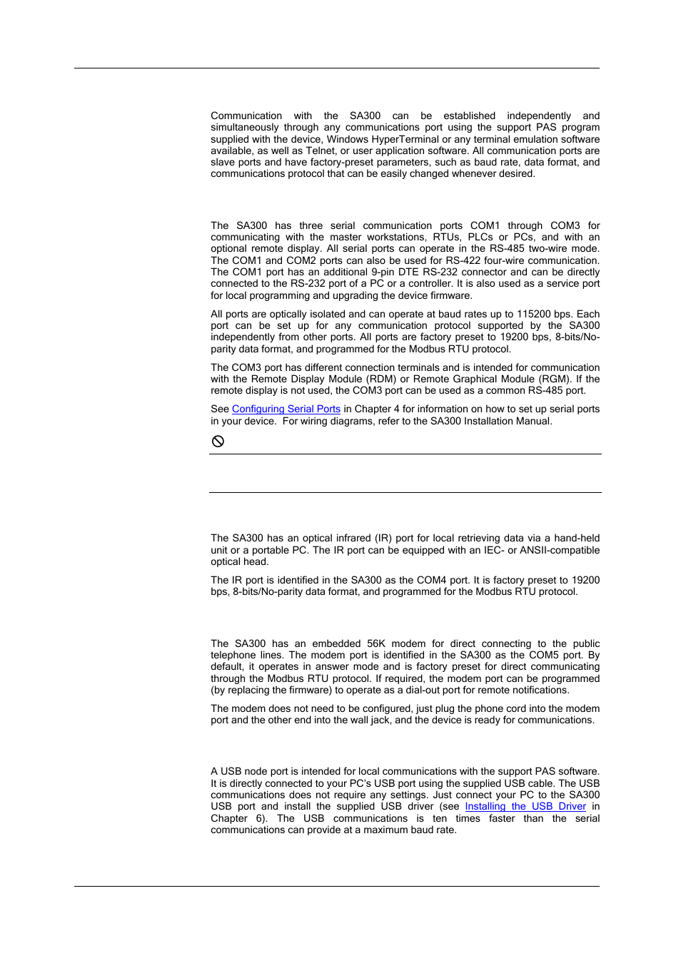 Communicating with the sa300, Serial communications (com1-com3), Infrared port (com4) | Modem port (com5), Usb port | SATEC SA300 ezPAC Operation Manual User Manual | Page 14 / 182