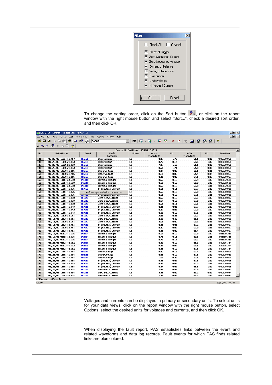 Selecting primary and secondary units, Linking to waveforms and data records, Viewing the en50160 online statistics report | Viewing the en50160 harmonics survey report, Viewing the fault log | SATEC SA300 ezPAC Operation Manual User Manual | Page 143 / 182