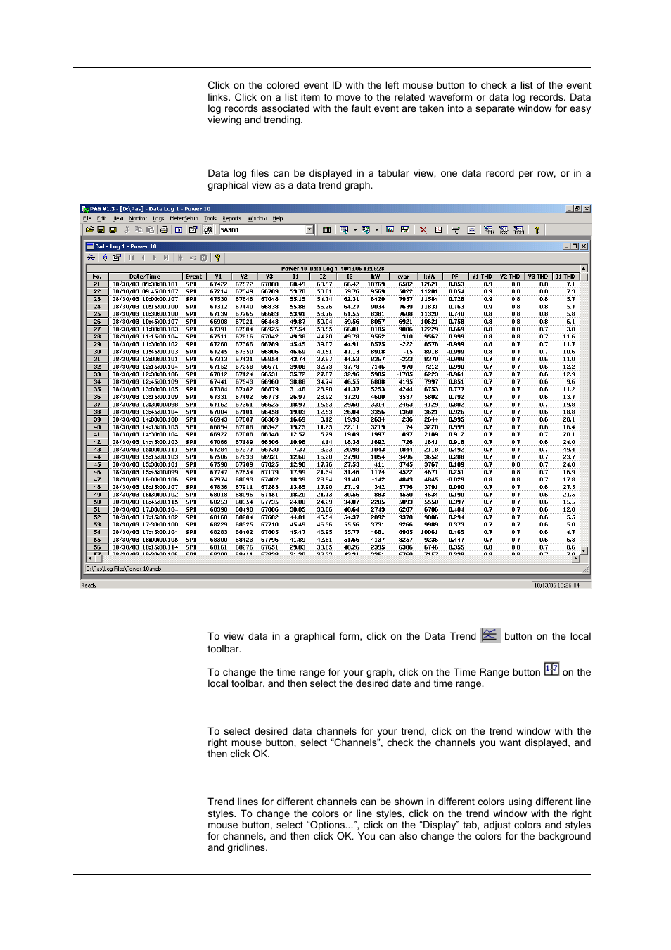Viewing the data log, Viewing data trend, Selecting channels | Customizing line colors and styles | SATEC SA300 ezPAC Operation Manual User Manual | Page 144 / 182
