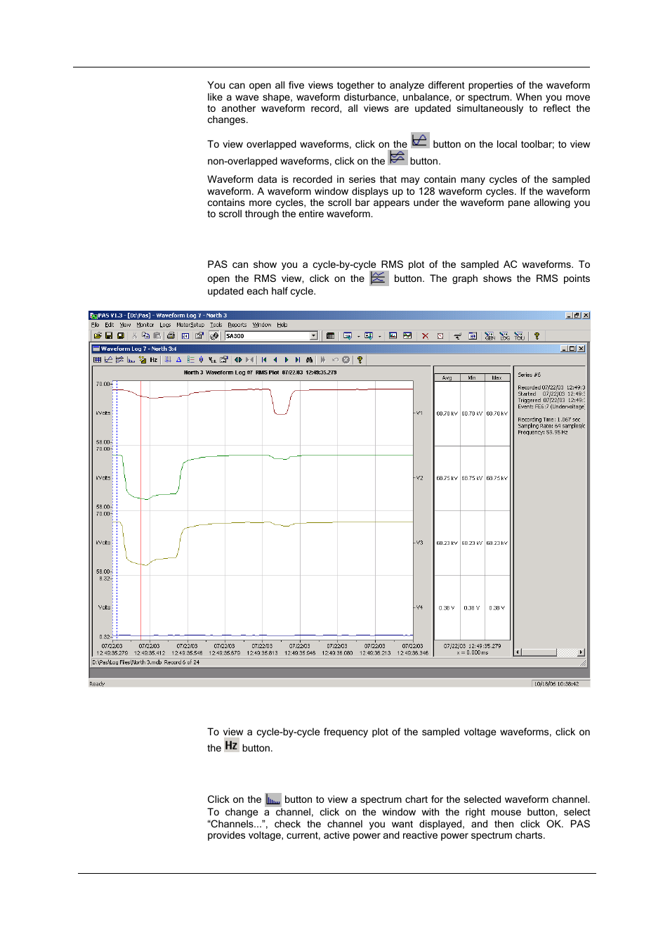 Viewing an rms plot, Viewing a frequency plot, Viewing a spectrum chart | SATEC SA300 ezPAC Operation Manual User Manual | Page 147 / 182