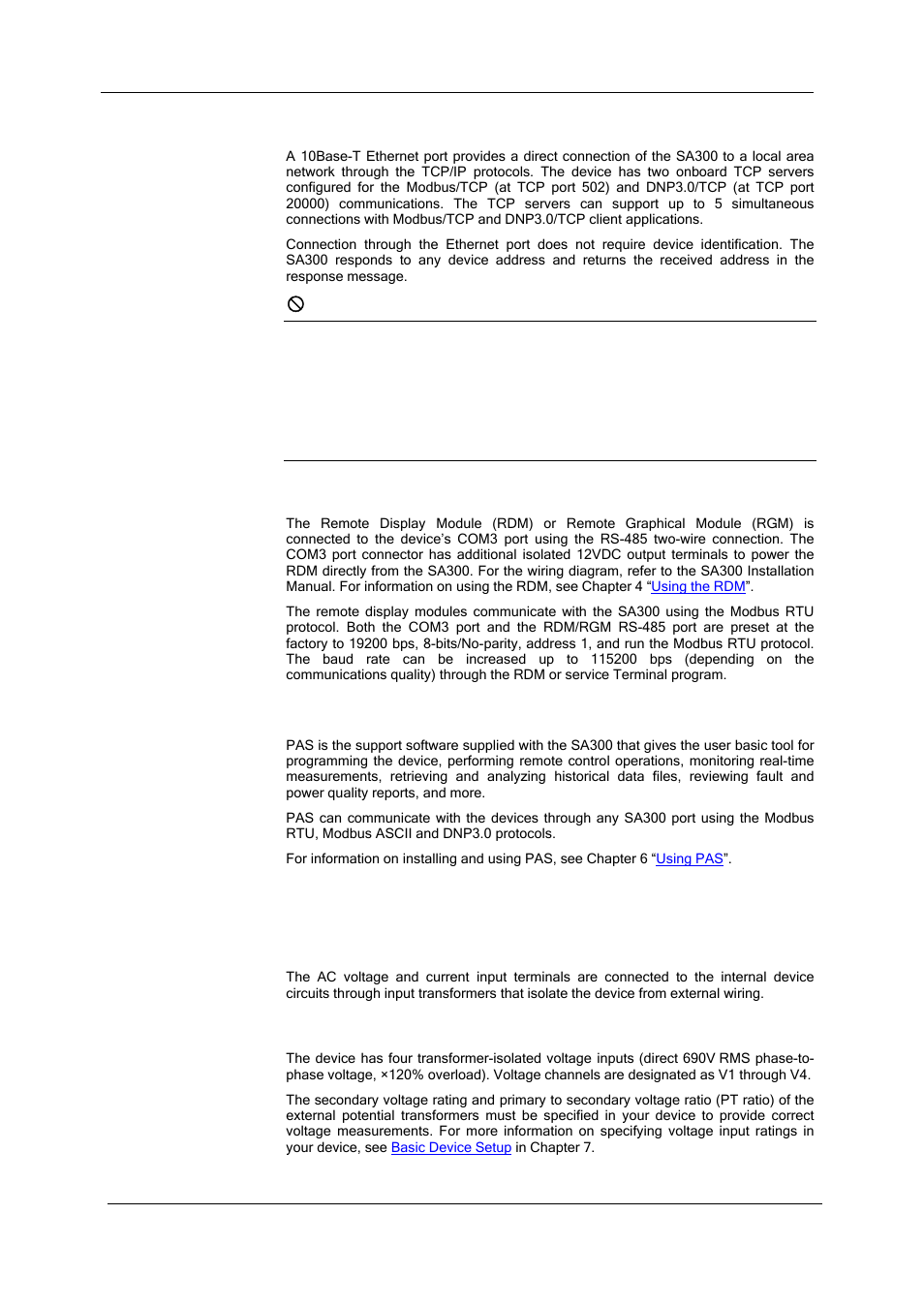 Ethernet port, Using the rdm and rgm, Using pas | Device inputs, Ac inputs, Voltage inputs | SATEC SA300 ezPAC Operation Manual User Manual | Page 15 / 182