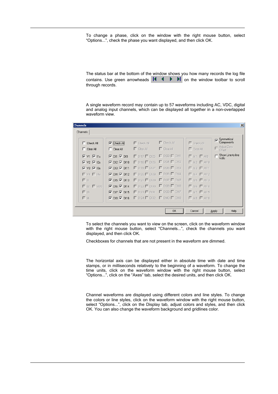 Waveform options, Scrolling through waveforms, Selecting waveform channels | Selecting the time axis, Customizing line colors and styles, Viewing a spectrum table | SATEC SA300 ezPAC Operation Manual User Manual | Page 150 / 182
