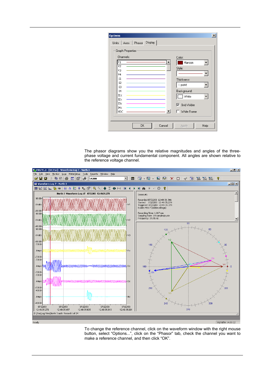 Viewing phasor diagrams, Waveform options | SATEC SA300 ezPAC Operation Manual User Manual | Page 151 / 182