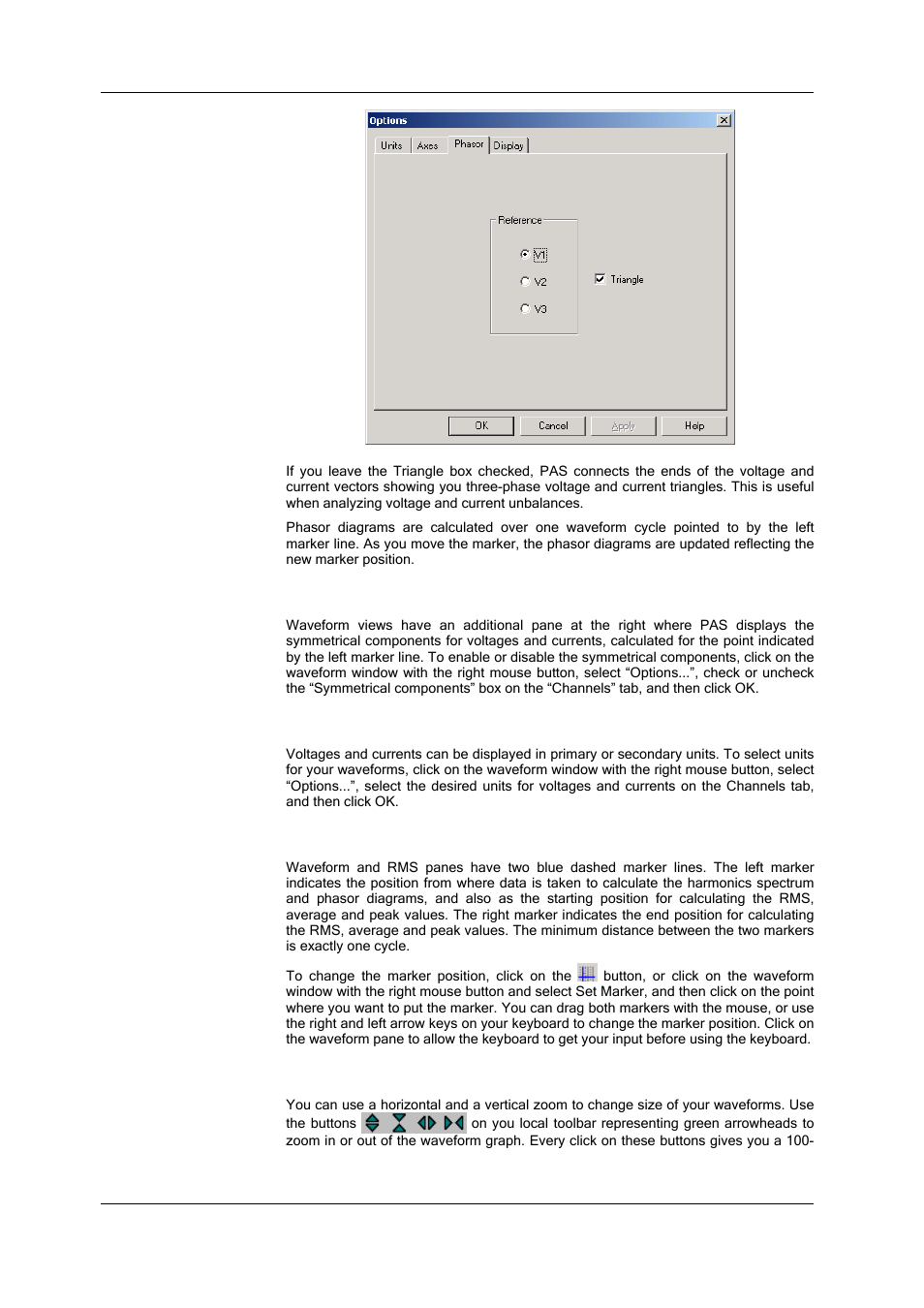 Viewing symmetrical components, Selecting primary and secondary units, Using the marker lines | Using a zoom | SATEC SA300 ezPAC Operation Manual User Manual | Page 152 / 182