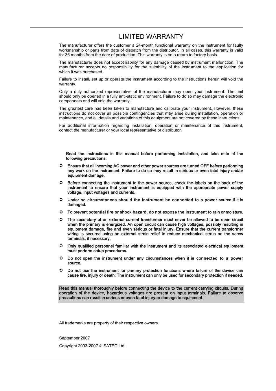 Limited warranty, Warning | SATEC SA300 ezPAC Operation Manual User Manual | Page 2 / 182