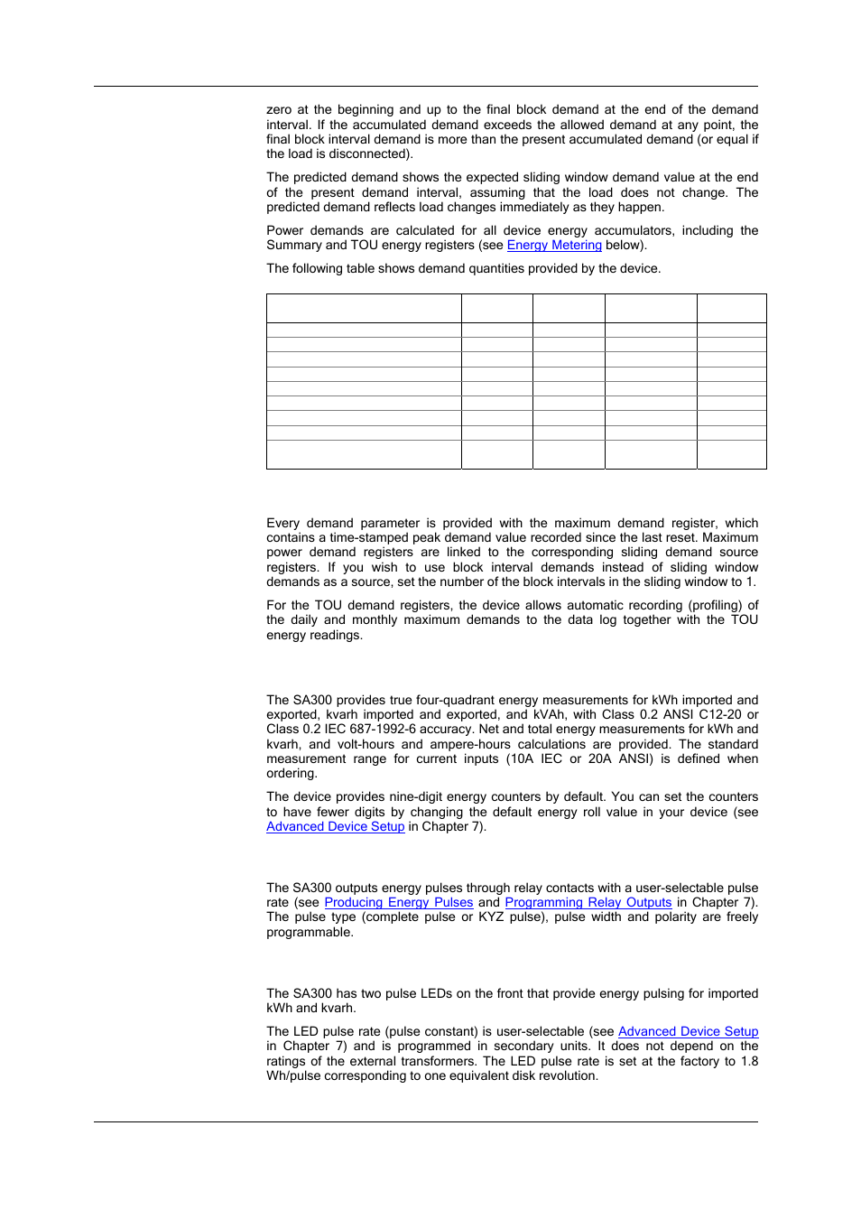 Maximum demands, Energy metering, Energy pulses | Energy pulse leds, Your device, see, Basic device setup, In chapter 7 | SATEC SA300 ezPAC Operation Manual User Manual | Page 22 / 182