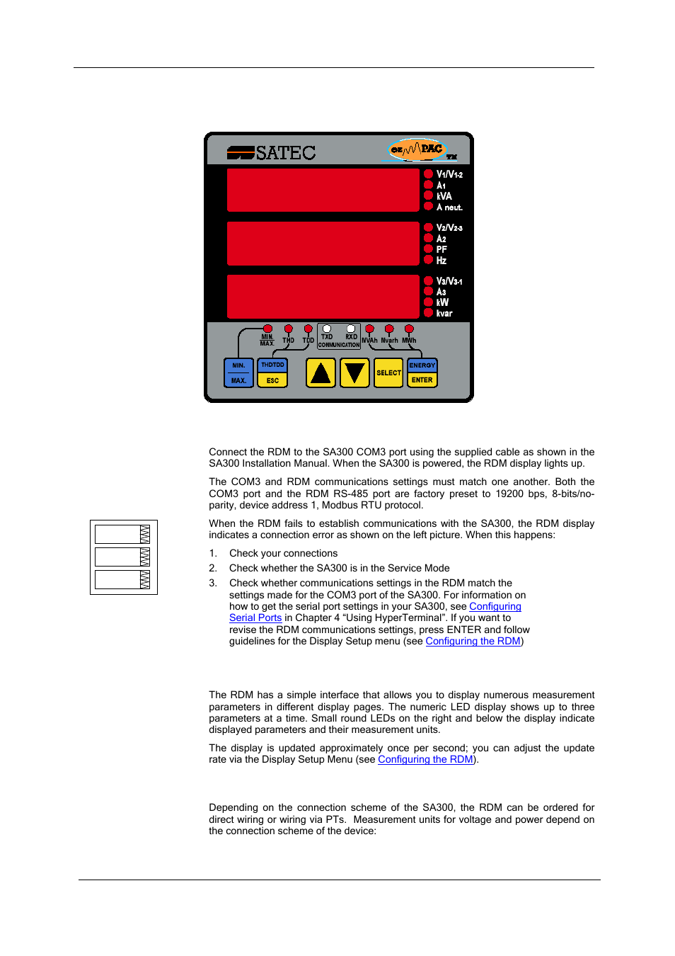 Chapter 3 using the rdm, Connecting the rdm, Data display | Measurement units, Using the rdm, Programming relay outputs, In chapter 7) | SATEC SA300 ezPAC Operation Manual User Manual | Page 27 / 182