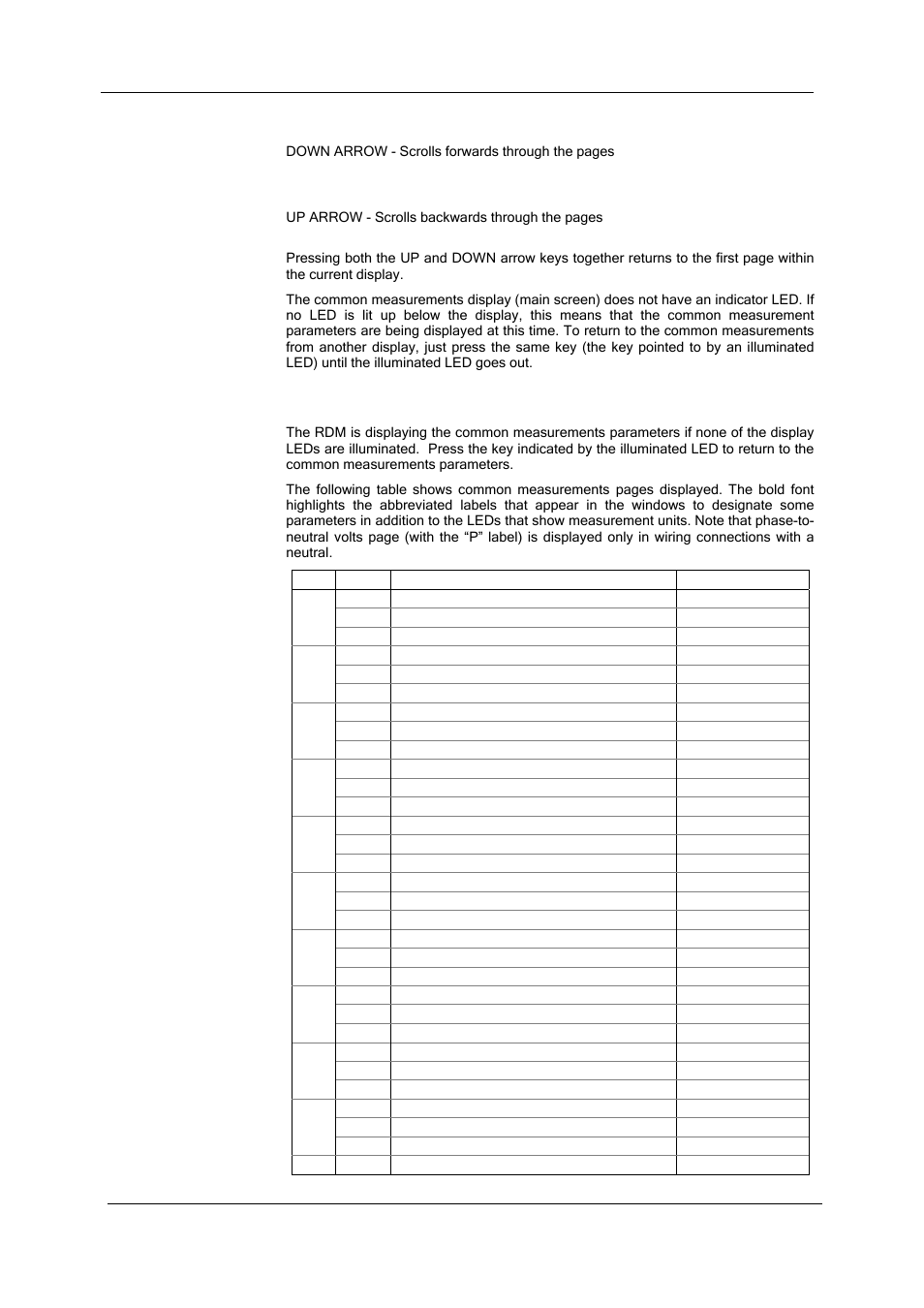 Down arrow, Up arrow, Common measurements display | Chapter 3 using the rdm data display, Sa300 substation automation unit | SATEC SA300 ezPAC Operation Manual User Manual | Page 29 / 182