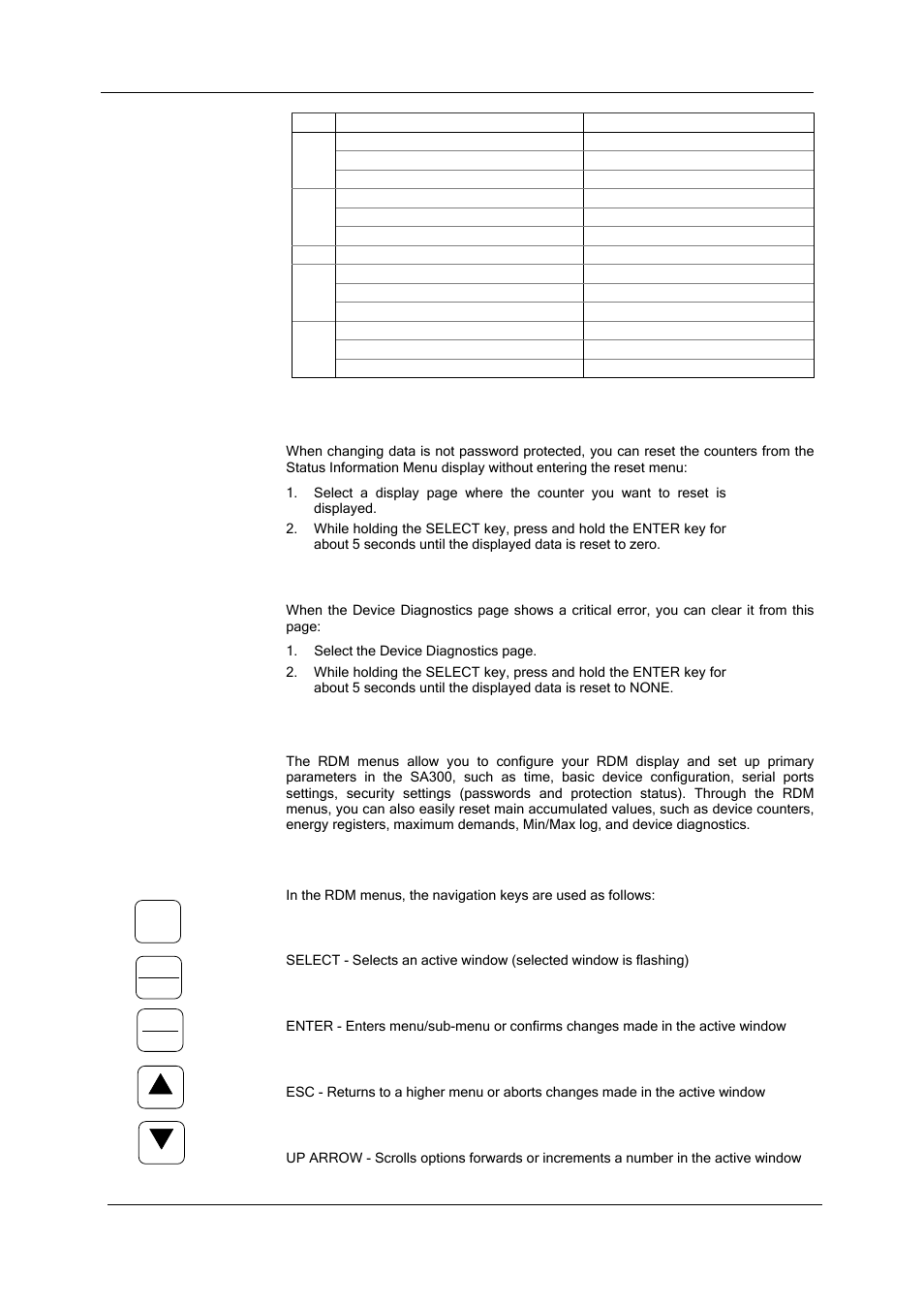 Resetting counters, Resetting device diagnostics, Using the menus | Navigation keys, Select, Enter, Up arrow | SATEC SA300 ezPAC Operation Manual User Manual | Page 33 / 182