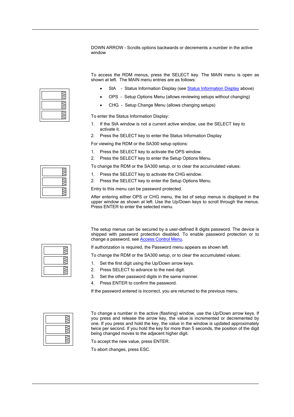 Down arrow, Selecting menus, Entering a password | Entering numbers, Navigation keys | SATEC SA300 ezPAC Operation Manual User Manual | Page 34 / 182