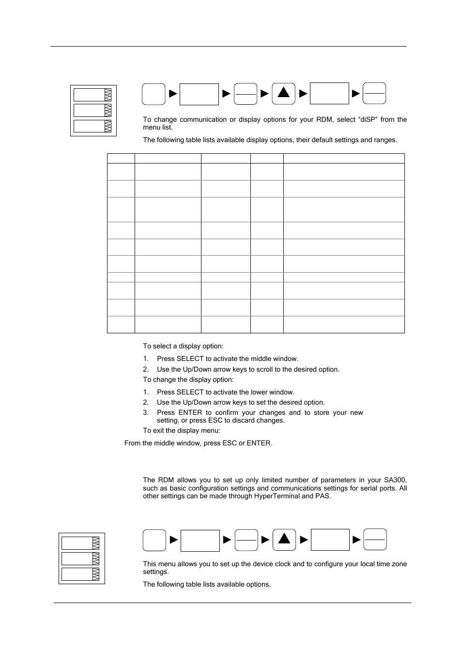 Configuring the rdm, Configuring the sa300, Clock setup menu | Entering numbers, Mode through the display setup menu (see, The common | SATEC SA300 ezPAC Operation Manual User Manual | Page 35 / 182
